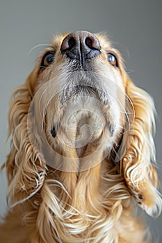 A close-up view of an English Cocker Spaniel dog looking upwards with focus and attention