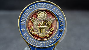 Close-up view of the engraved American eagle emblem