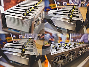 Close-up view of equipment for bitcoin cryptocurrency mining farm, electronic devices with fans, concept of mining technology