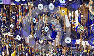 Close up view of evil eye souvenirs.