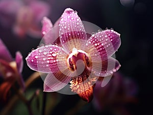 Close-up view of an exotic flower, with its petals covered in water droplets. These droplets are shining and reflecting