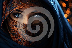 A close-up view of the face of a young woman wearing a blue decorated niqab Ramadan as a time of fasting and prayer for Muslims