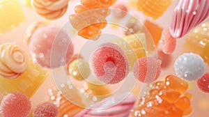 Close up view of falling colored jelly fruit sweets