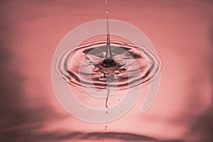 Close up view of falling drops on water surface isolated on red background