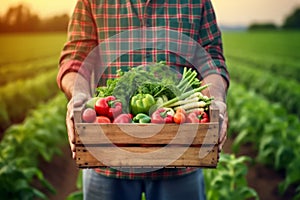 Close up view of a farmer holding wooden box full of fresh vegetables,