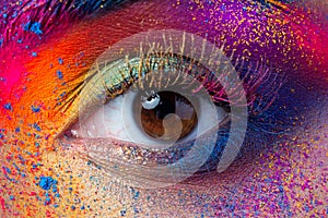 Close up view of female eye with bright multicolored fashion mak