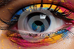 Close up view of female eye with bright multicolored fashion mak