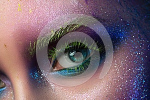 Close up view of female eye with fashion makeup