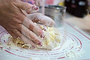 Close-up view of the female hands kneading dough for homemade potstickers. Motion blur.