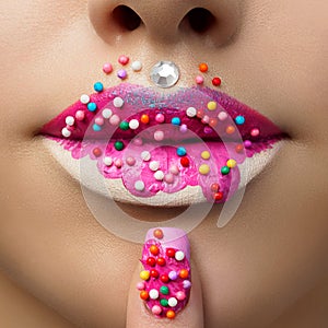 Close up view of female lips with sweet donut makeup