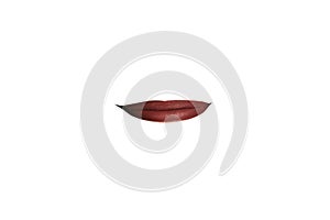 Close-up view of female mouth wearing red lipstick isolated on white studio background