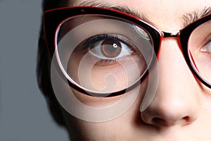 Close-up view of female right eye wearing glasses