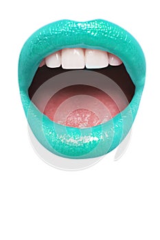 Close-up view of female wearing Cyan Green lipstick with mouth open over white background