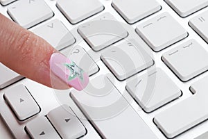 Close up view of a Finger Pushing on a empty Button of computer Keyboard. Finger Pressing a Slim Aluminum Keyboard Button. Modern