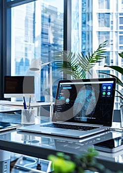 Close-Up View of a Fingerprint Security Scan on a Laptop Screen in a Modern Office