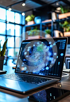 Close-Up View of a Fingerprint Security Scan on a Laptop Screen in a Modern Office