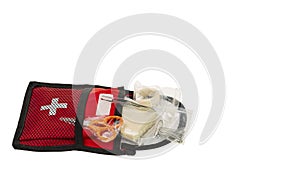 Close up view of first aid kit isolated on white background.