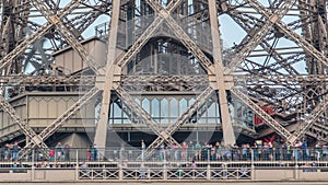 Close up view of first section of the Eiffel Tower timelapse in Paris, France.