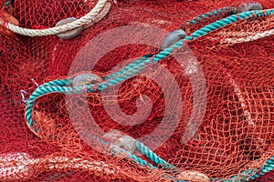 Close up view of fishing net marine background
