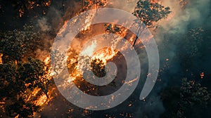 Close-up view of a forest wildfire with intense flames and thick smoke