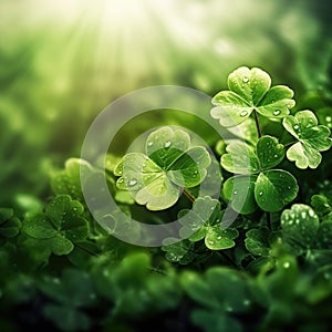 Close-up view of four shamrocks, with their leaves and stems visible. They are surrounded by sunlight, which adds to