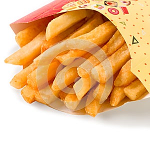 Close up view of french fries isolated on white