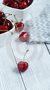 Close up view of fresh fruit sweet ripe cherry with water droplets. Fresh antioxidants diet summer fruits