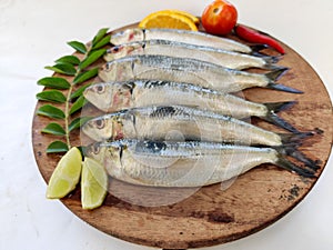 Close up view of Fresh Indian oil sardine on a wooden pad,Decorated with herbs and Vegetables.