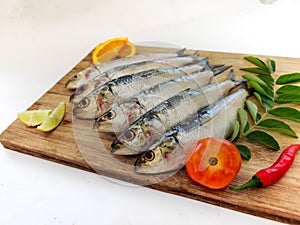Fresh Indian oil sardine on a wooden pad,Decorated with herbs and Vegetables.White Background