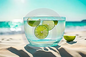 Close-up view of fresh lime glass with berry on the table, Sand beach with a blue sky.