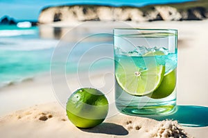 Close-up view of fresh lime glass with berry on the table, Sand beach with a blue sky.