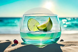 Close-up view of fresh lime glass with berry on the table, Sand beach with a blue sky and a turquoise sea in the distance.