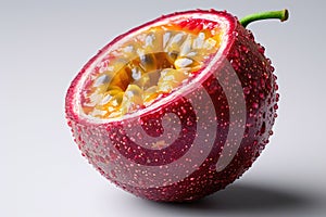 Close-Up View of a Fresh Passion Fruit With Water Droplets on a White Detailed close-up of a ripe passion fruit cut in half,