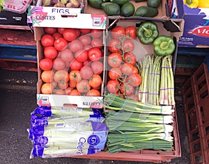 Close up view of fresh vegetables on shop front UK