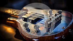 Close-up view of front of an electric bass guitar. The instrument is positioned on top of table, with its strings and