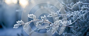 Close-up view of frost on the branch. Beautiful winter background with frozen flowers and plants.