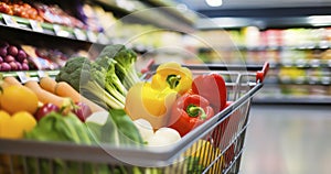 A Close-Up View of a Fully Loaded Shopping Cart in a Grocery Store