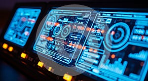 Futuristic Digital Display with Blue Graphs and Data Readouts interface technology