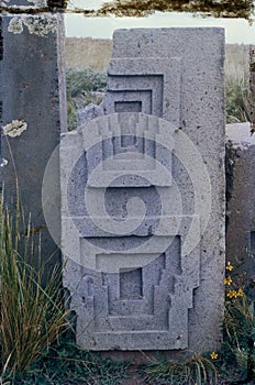 Close up view of Gate of Sun, in Kalasasaya temple, Tiwanaku, Bolivia. geoglyph of Viracocha