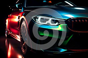 Close up view of a generic and unbranded sport car with colorful lights, generative ai illustration