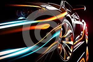 Close up view of a generic and unbranded sport car illuminated by colorful lights, generative ai illustration