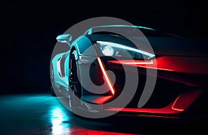 Close up view of a generic and unbranded sport car illuminated by colorful lights, generative ai illustration