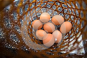 Close up view of geothermal hot spring cooked eggs in bamboo basket