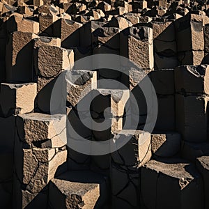 Natural hexagonal basalt columns illuminated by sunlight creating dramatic shadows