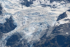 The close-up view of the glacier texture on Mount Cook, Aoraki, which is the origin of the lake and river below, in Mount Cook
