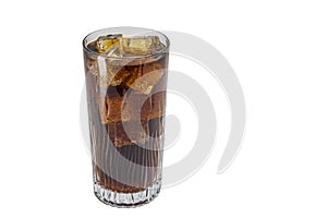 Close up view of glass of soda drink with ice cubes isolated on white background