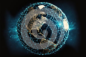 Global world telecommunication network connected around planet Earth, AI generated