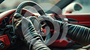 A close-up view of gloved hands gripping a sleek steering wheel, with a futuristic dashboard in the background