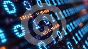 Close-up view of glowing binary code displayed on a modern digital interface