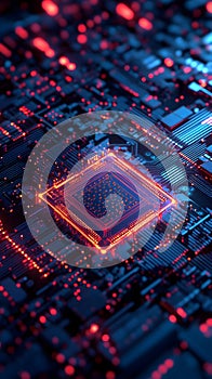 Glowing Circuit Board with Central Processor and Red Lights technology computer photo